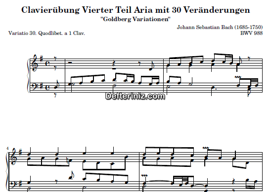 Bach BWV 988, PDF Piyano Nota | Goldberg Variations 30, G, Sol Majör