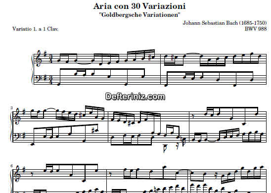 Bach BWV 988, PDF Piyano Nota | Goldberg Variations 1, G, Sol Majör