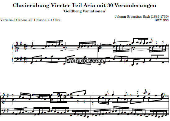 Bach BWV 988, PDF Piyano Nota | Goldberg Variations 3, G, Sol Majör
