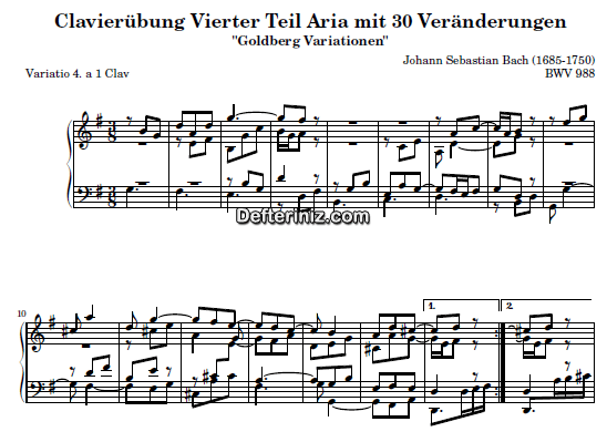 Bach BWV 988, PDF Piyano Nota | Goldberg Variations 4, G, Sol Majör