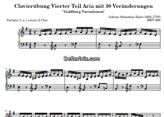 Bach BWV 988, PDF Piyano Nota | Goldberg Variations 5, G, Sol Majör