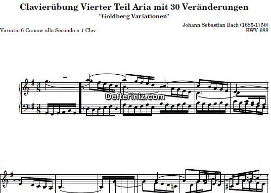 Bach BWV 988, PDF Piyano Nota | Goldberg Variations 6, G, Sol Majör