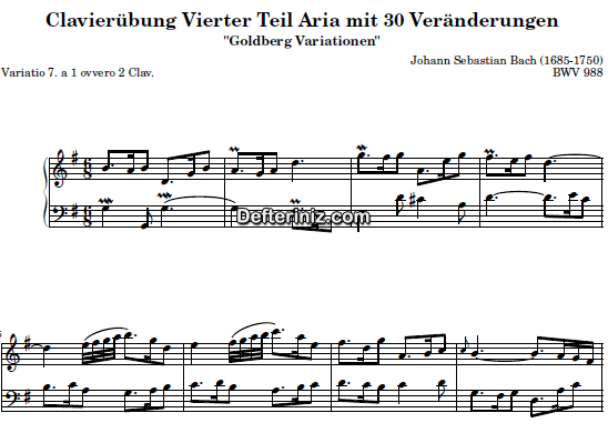 Bach BWV 988, PDF Piyano Nota | Goldberg Variations 7, G, Sol Majör
