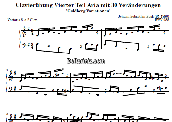 Bach BWV 988, PDF Piyano Nota | Goldberg Variations 8, G, Sol Majör