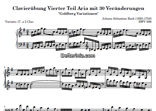 Bach BWV 988, PDF Piyano Nota | Goldberg Variations: 17, G, Sol Majör