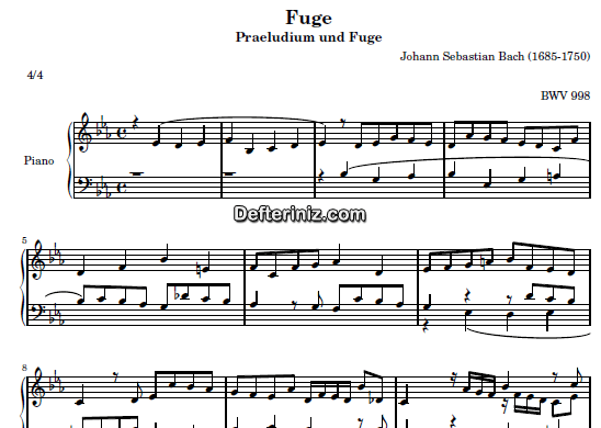 Bach BWV 998, PDF Piyano Nota | Fuge, Eb, Mi Bemol Majör