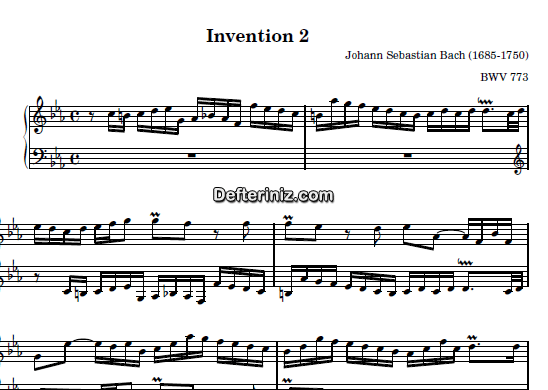 Bach BWV 773, PDF Piyano Nota | Invention 2, Cm, Do Minör