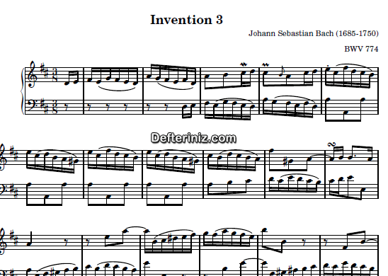 Bach BWV 774, PDF Piyano Nota | Invention 3, D, Re Majör
