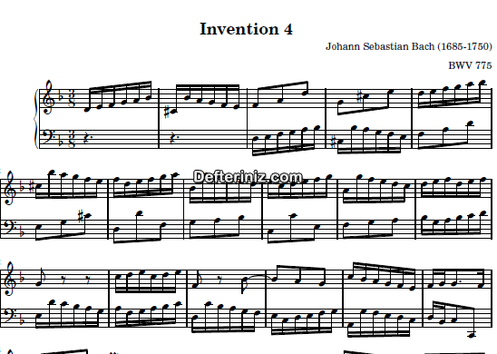Bach BWV 775, PDF Piyano Nota | Invention 4, Dm, Re Minör