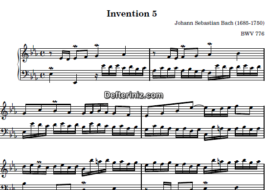 Bach BWV 776, PDF Piyano Nota | Invention 5, Eb, Mi Bemol Majör
