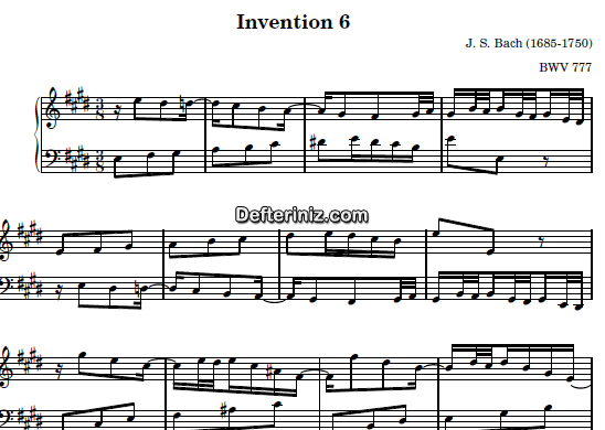 Bach BWV 777, PDF Piyano Nota | Invention 6, E, Mi Majör