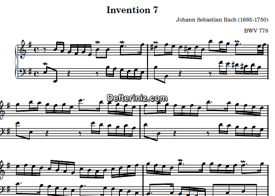 Bach BWV 778, PDF Piyano Nota | Invention 7, Em, Mi Minör
