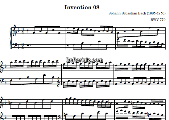 Bach BWV 779, PDF Piyano Nota | Invention 8, F, Fa Majör