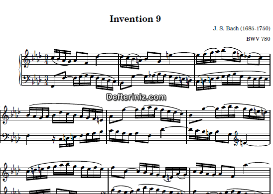 Bach BWV 780, PDF Piyano Nota | Invention 9, Fm, Fa Minör