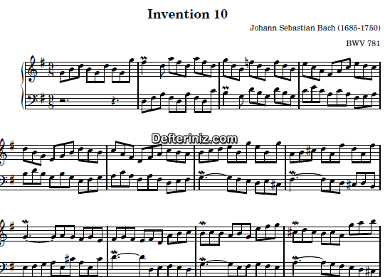 Bach BWV 781, PDF Piyano Nota | Invention 10, G, Sol Majör