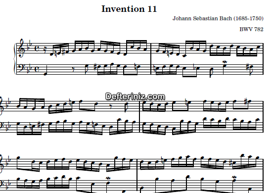 Bach BWV 782, PDF Piyano Nota | Invention 11, Gm, Sol Minör