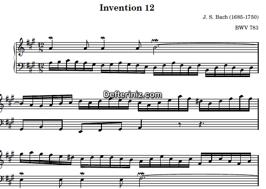 Bach BWV 783, PDF Piyano Nota | Invention 12, A, La Majör