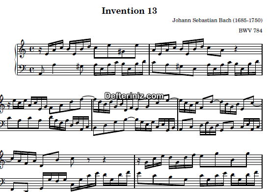 Bach BWV 784, PDF Piyano Nota | Invention 13, Am, La Minör