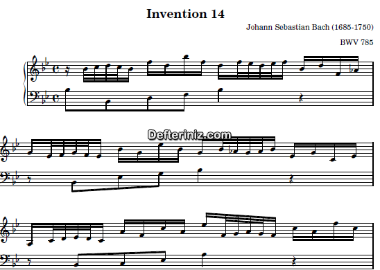Bach BWV 785, PDF Piyano Nota | Invention 14, Bb, Si Bemol Majör