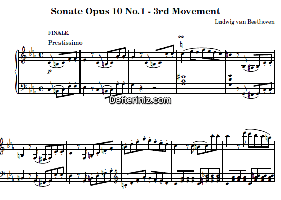 Beethoven Opus:10, No:1, PDF Piyano Nota | Sonata No: 5 (3rd Movement: Prestissimo), Cm, Do Minör