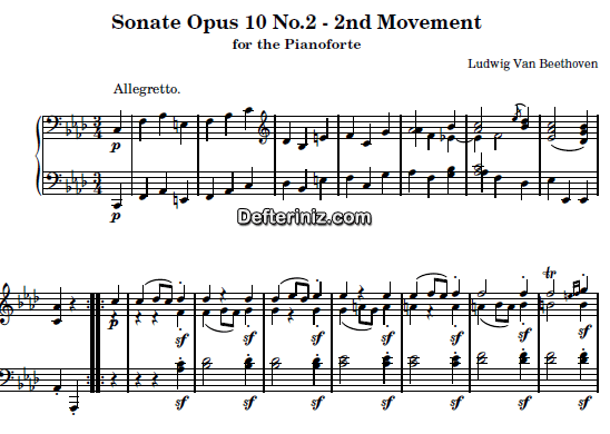Beethoven Opus: 10, No: 2, PDF Piyano Nota | Sonata No: 6 (2nd Movement: Allegretto), Fm, Fa Minör