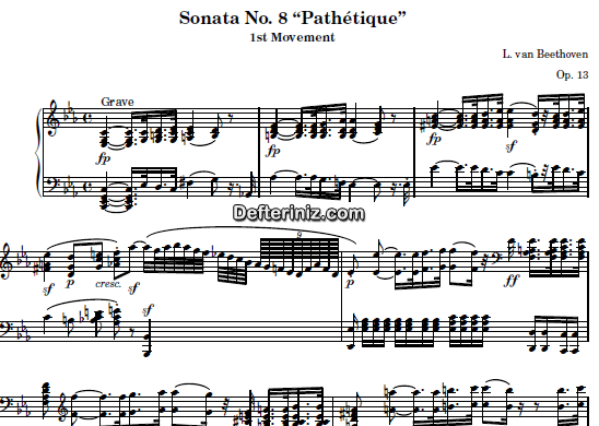 Beethoven Opus: 13, PDF Piyano Nota | Sonata No: 8 Pathetique (1st Movement: Grave, Allegro Molto E Con Brio), Cm, Do Minör