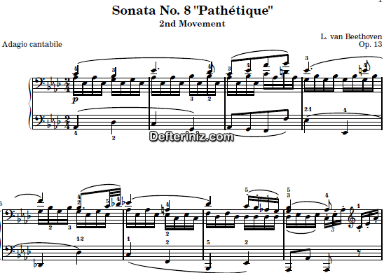 Beethoven Opus: 13, PDF Piyano Nota | Sonata No: 8 Pathetique (2nd Movement: Adagio Cantabile), Fm, Fa Minör