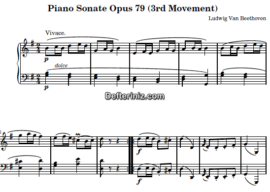 Beethoven Opus: 79, PDF Piyano Nota | Sonata No: 25 (Vivace), G, Sol Majör