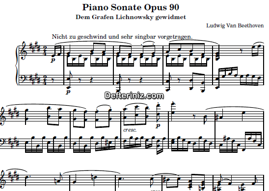 Beethoven Opus: 90, PDF Piyano Nota | Sonata No: 27 (Nicht Zu Geschwind), E, Mi Majör