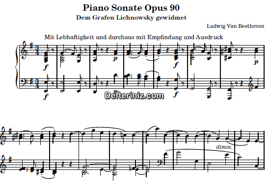 Beethoven Opus: 90, PDF Piyano Nota | Sonata No: 27 (Mit Lebhaftigkeit), Em, Mi Minör
