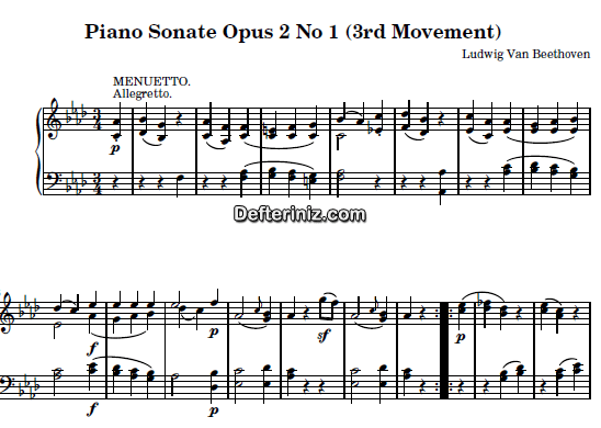 Beethoven Opus:2, No:1, PDF Piyano Nota | Sonata No:1, (3rd Movement: Allegretto) , Fm, Fa Minör