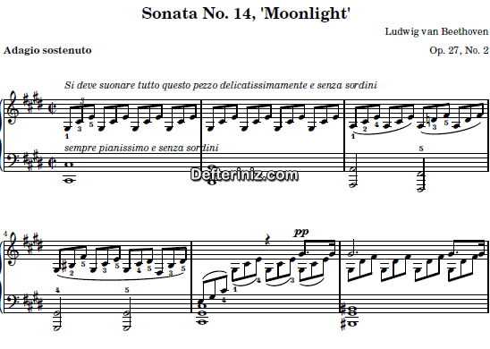 Beethoven Opus: 27, No: 2, PDF Piyano Nota | Sonata No: 14, Moonlight, C#m, Do Diyez Minör