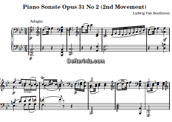 Beethoven Opus: 31, No: 2, PDF Piyano Nota | Sonata No: 17 (2nd Movement: Adagio), Bb, Si Bemol Majör