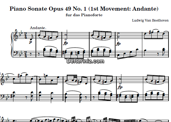 Beethoven Opus: 49, No: 1, PDF Piyano Nota | Sonata No: 19 (1st Movement: Andante), Gm, Sol Minör