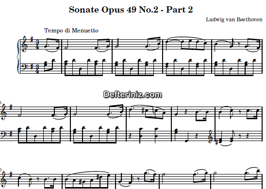Beethoven Opus: 49, No: 2, PDF Piyano Nota | Sonata No: 20 (2nd Movement: Tempo Di Menuetto), G, Sol Majör