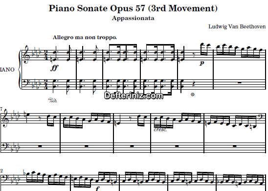 Beethoven Opus: 57, PDF Piyano Nota | Sonata No: 23, Appassionata (3rd Movement: Allegro, Ma Non Troppo - Presto), Fm, Fa Minör
