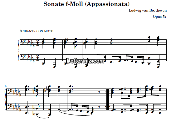 Beethoven Opus: 57, PDF Piyano Nota | Sonata No: 23, Appassionata (2nd Movement: Andante Con Moto), Db, Re Bemol Majör
