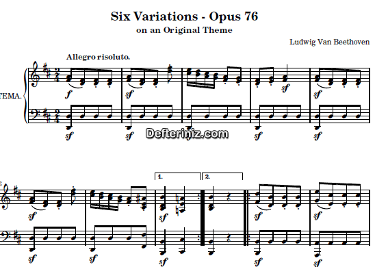 Beethoven Opus: 76, PDF Piyano Nota | Six Variations, D, Re Majör
