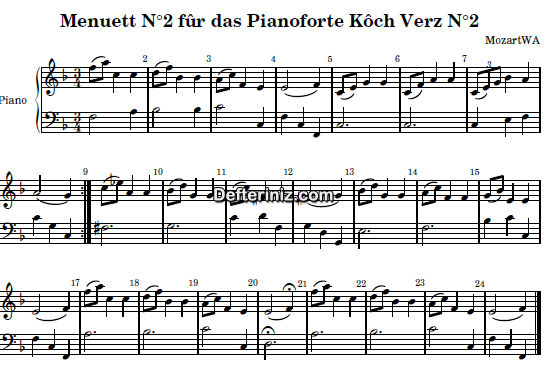 Mozart KV: 2 , PDF Piyano Nota | Menuett No: 2, F, Fa Majör