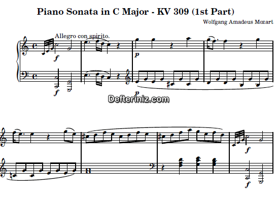 Mozart KV: 309 , PDF Piyano Nota | Piano Sonata (1st Part), C, Do Majör