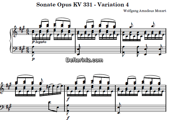 Mozart KV: 331 , PDF Piyano Nota | Sonate (Variation 4), A, La Majör