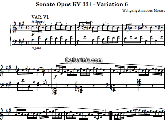 Mozart KV: 331 , PDF Piyano Nota | Sonate (Variation 6), A, La Majör