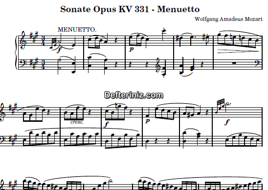 Mozart KV: 331 , PDF Piyano Nota | Sonate (Menuetto), A, La Majör