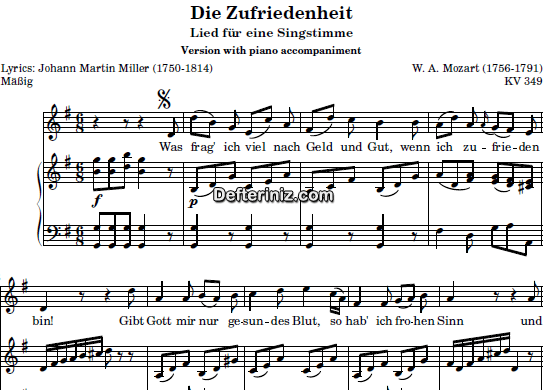 Mozart KV: 349 , PDF Piyano Nota | Die Zufriedenheit, G, Sol Majör
