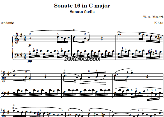 Mozart KV: 545 , PDF Piyano Nota | Sonata Facile (Second Movement), G, Sol Majör