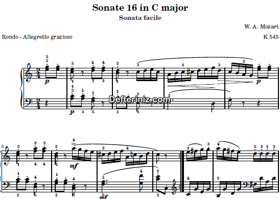 Mozart KV: 545 , PDF Piyano Nota | Sonata Facile (Third Movement), C, Do Majör