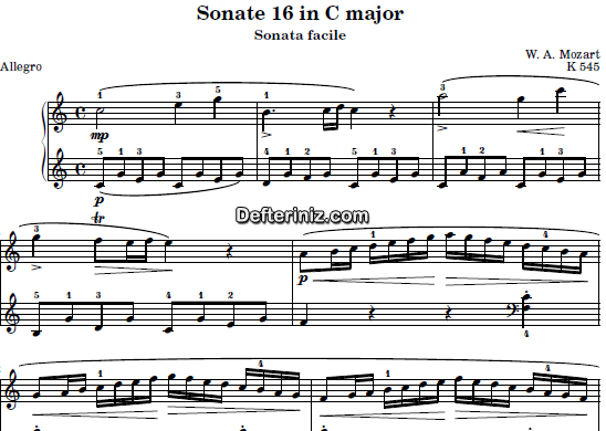 Mozart KV: 545 , PDF Piyano Nota | Sonata Facile (First Movement), C, Do Majör