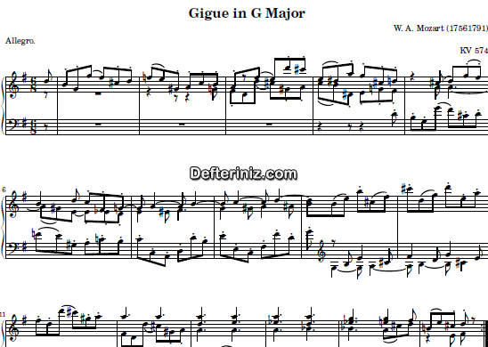 Mozart KV: 574 , PDF Piyano Nota | Gigue, G, Sol Majör