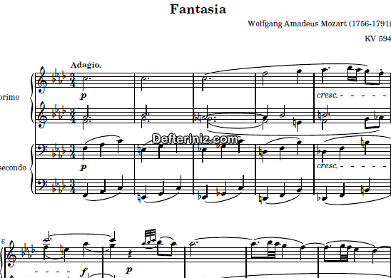Mozart KV: 594 , PDF Piyano Nota | Fantasia, For Piano Duet, Fm, Fa Minör