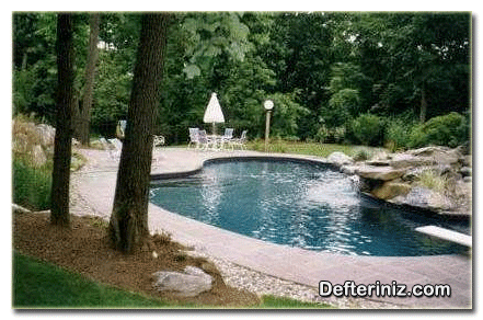 Özel yüzme havuzlu bir ev bahçesi.